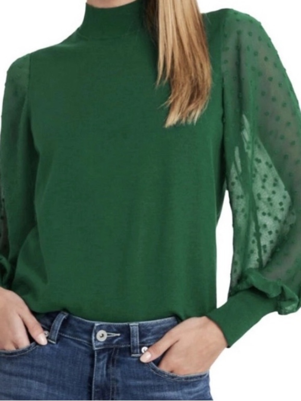 CeCe Emerald Green Mock Neck Blouse with Sheer Dot Sleeves